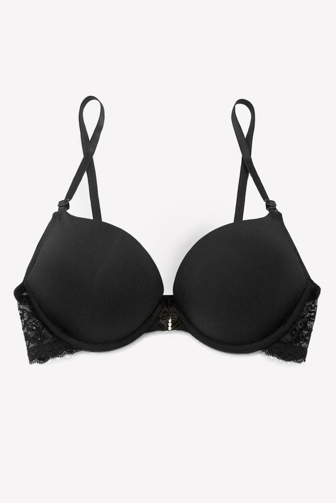 Add 2 Cup Sizes Push-Up Bra | Black Hue W Lace Wings INT SAS 