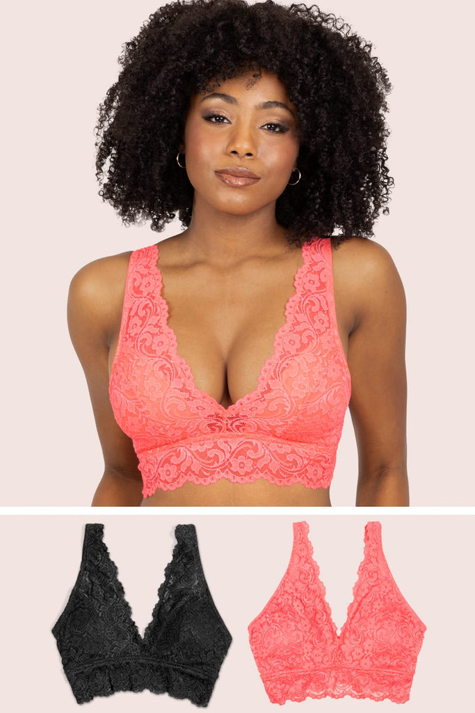 Signature Lace Deep V Bralette 2 Pack | Punchy Peach/Black Hue Bra SAS 