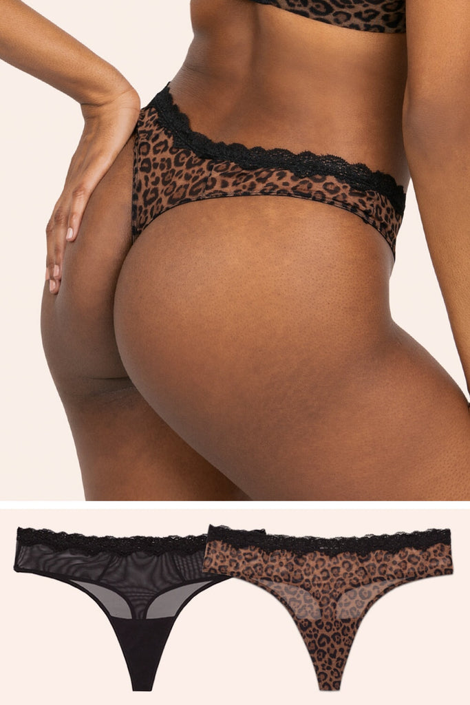 Lace Trim Thong Panty 2 Pack | Classic Leopard/Black Hue PANTY SAS 
