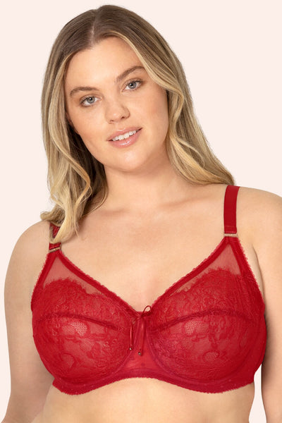 Plus Size Retro Lace & Mesh Unlined Underwire Bra | No No Red Lace Plus Size Retro Lace & Mesh Unlined Underwire Bra | No No Red Lace