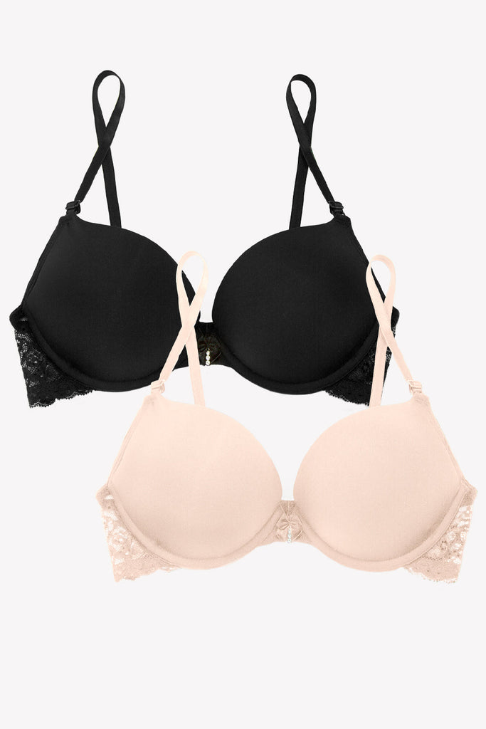 Add 2 Cup Sizes Push-Up Bra 2 Pack | In The Buff/Black Hue W Lace Wings INT SAS 
