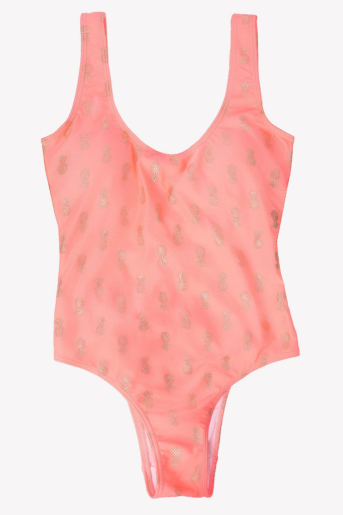 French Cut One Piece Swimsuit | Neon Coral W/ Pineapples SWM SAS 