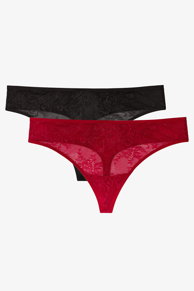 Lace Trim Thong Panty 2 Pack | Black Hue/No No Red Smooth Lace PANTY SAS 