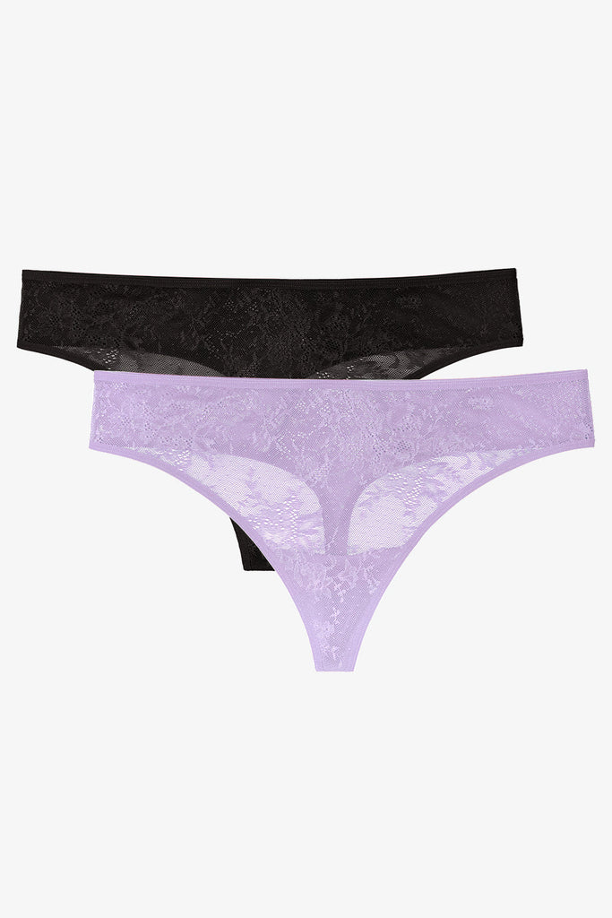 Lace Trim Thong Panty 2 Pack | Black Hue/Lilac Iris Smooth Lace PANTY SAS 