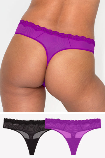 Lace Trim Thong Panty 2 Pack | Fierce Violet/Black PANTY SAS Fierce Violet/Black M 