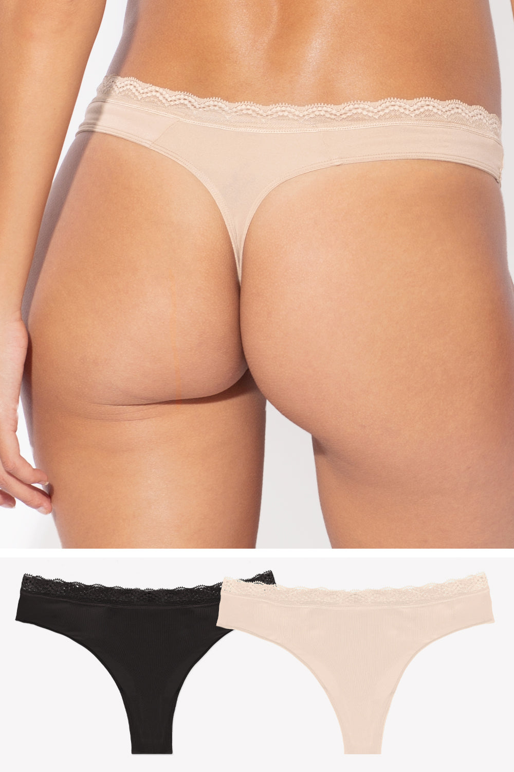 Lace Trim Thong Panty 2 Pack | In The Buff/Black – Smart & Sexy