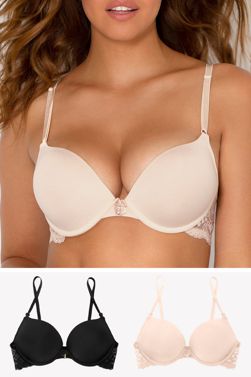 Add 2 Cup Sizes Push-Up Bra 2 Pack  In The Buff/Black Hue W Lace Wing –  Smart & Sexy