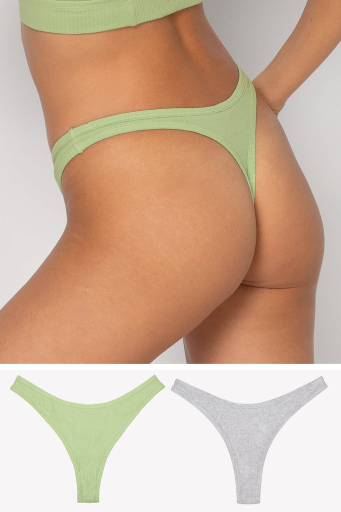 Comfort Cotton Rib High Leg Thong 2 Pack | Glass Green/Heather Grey PANTY SAS Glass Green/Heather Grey 3X 