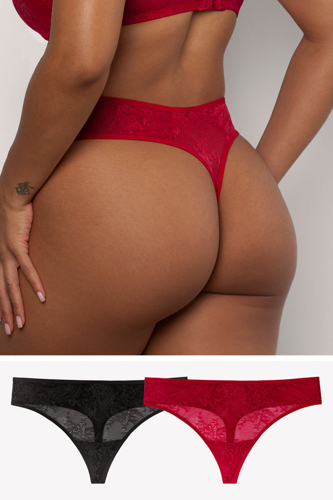 Lace Trim Thong Panty 2 Pack | Black Hue/No No Red Smooth Lace PANTY SAS Black Hue/No No Red Smooth Lace 3XL 