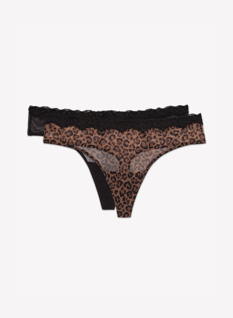 Lace Trim Thong Panty 2 Pack | Classic Leopard/Black Hue PANTY SAS Classic Leopard/Black Hue S 