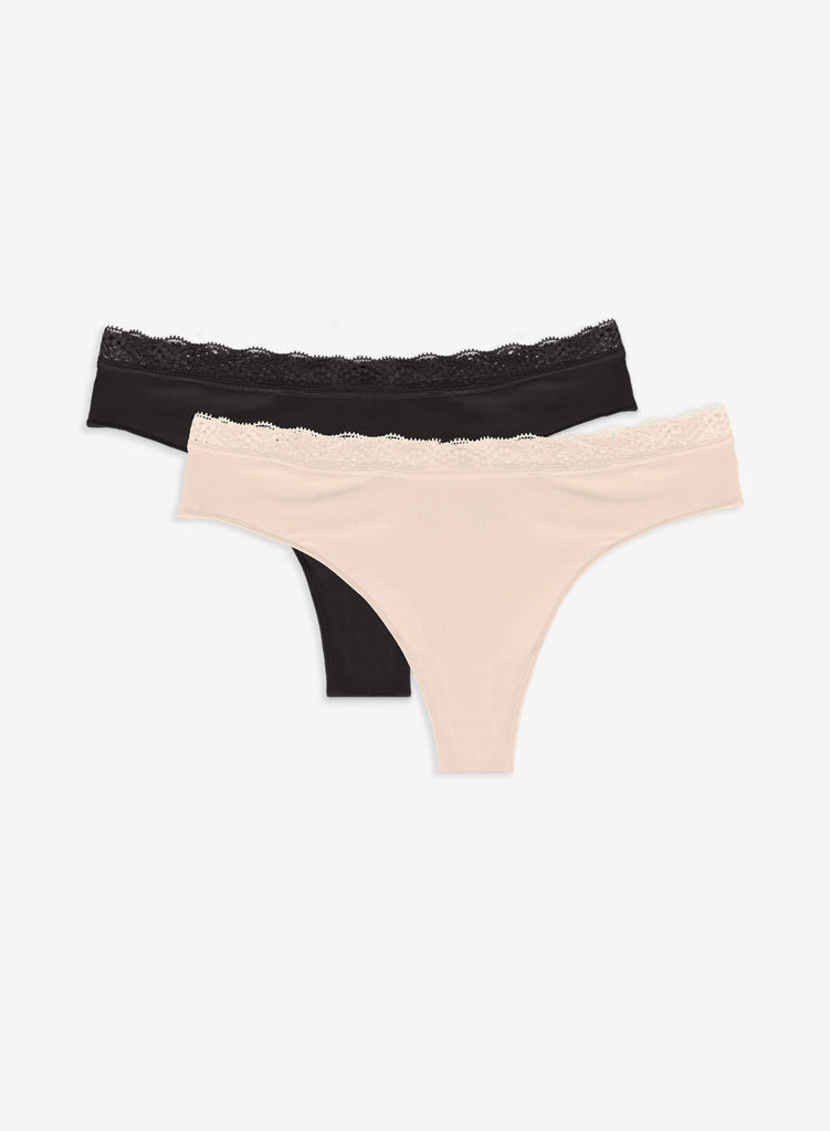 Lace Trim Thong Panty 2 Pack | In The Buff/Black Hue PANTY SAS In The Buff/Black Hue 5XL 