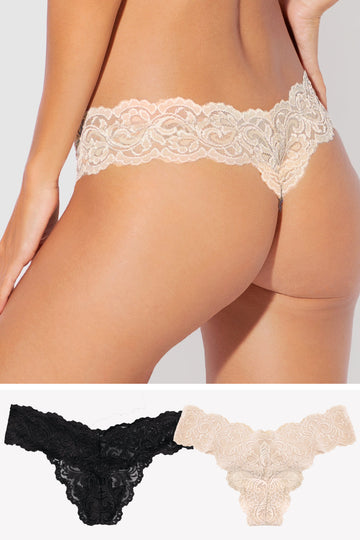 Signature Lace Thong Panty 2 Pack | In The Buff/Black Hue INT SAS In The Buff/Black Hue M 