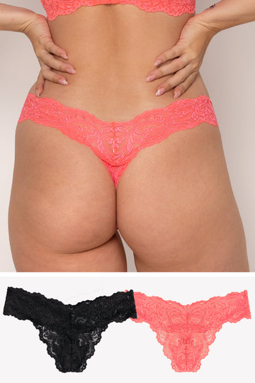 Signature Lace Thong Panty 2 Pack | Punchy Peach/Black Hue PANTY SAS Punchy Peach/Black Hue L 