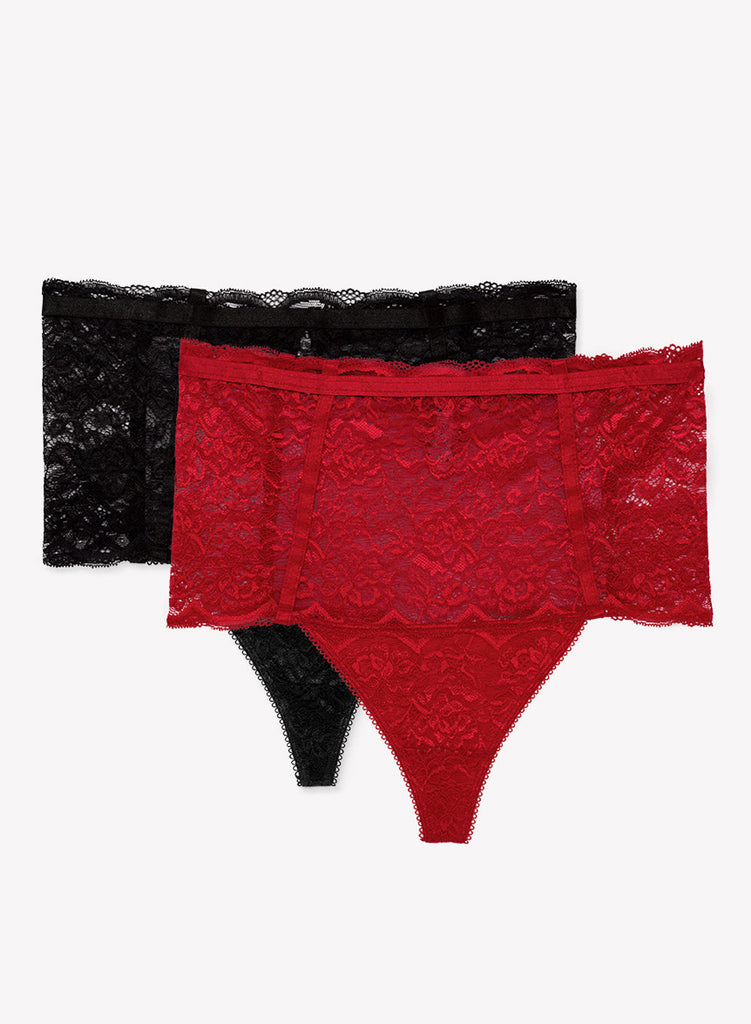 Lace & Mesh High Waisted Thong 2 Pack | No No Red/Black Hue PANTY SAS 