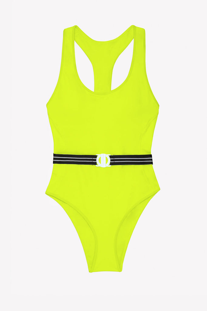 Racerback One Piece Swimsuit | Neon Yellow w/ Stripe Belt ONEPC SAS 